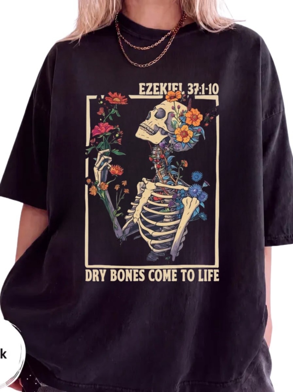 Black Short-Sleeve Tee with Colorful Skeleton Floral Graphic